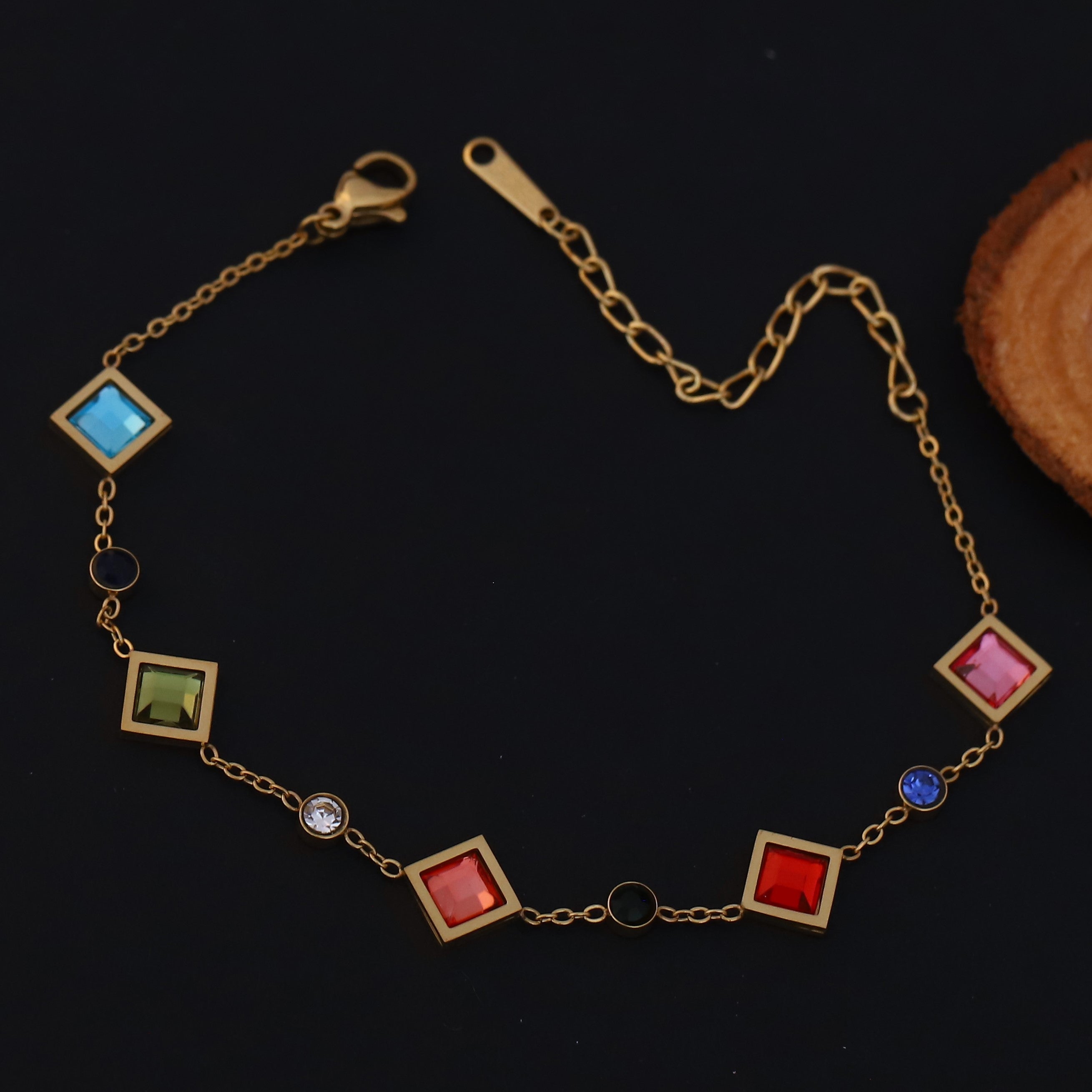 Zircon Stones Multicolor Chain Bracelet Gold Plated – Single Layer, Anti-Tarnish, Waterproof(GOLD)