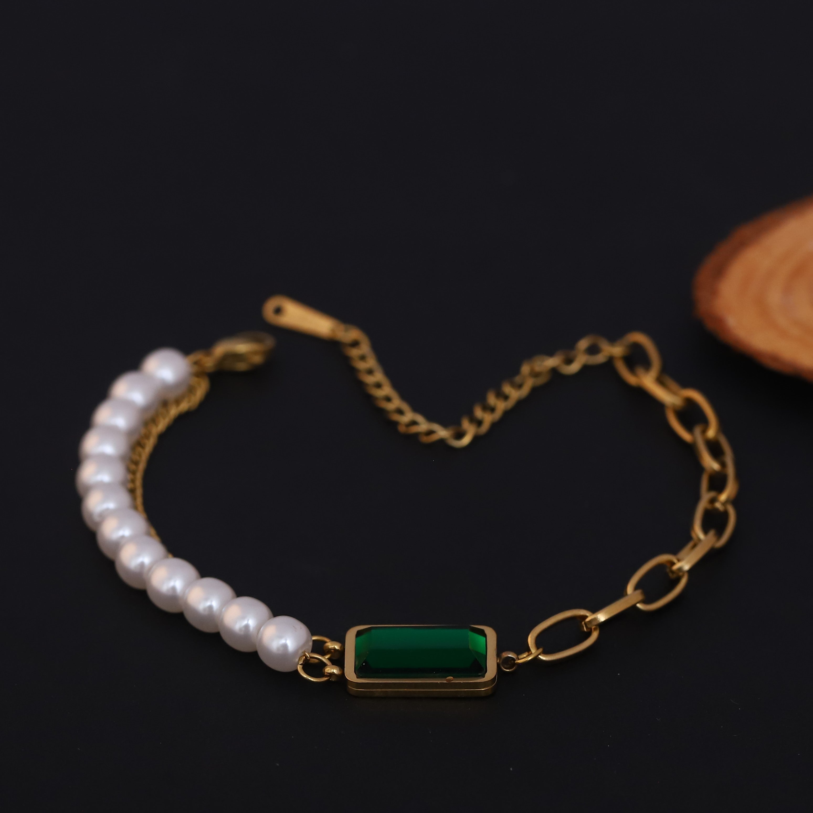 Green Stone Pearl Chain Bracelet Gold Plated – Double Layer, Anti-Tarnish, Waterproof, Minimalist Style (GOLD)