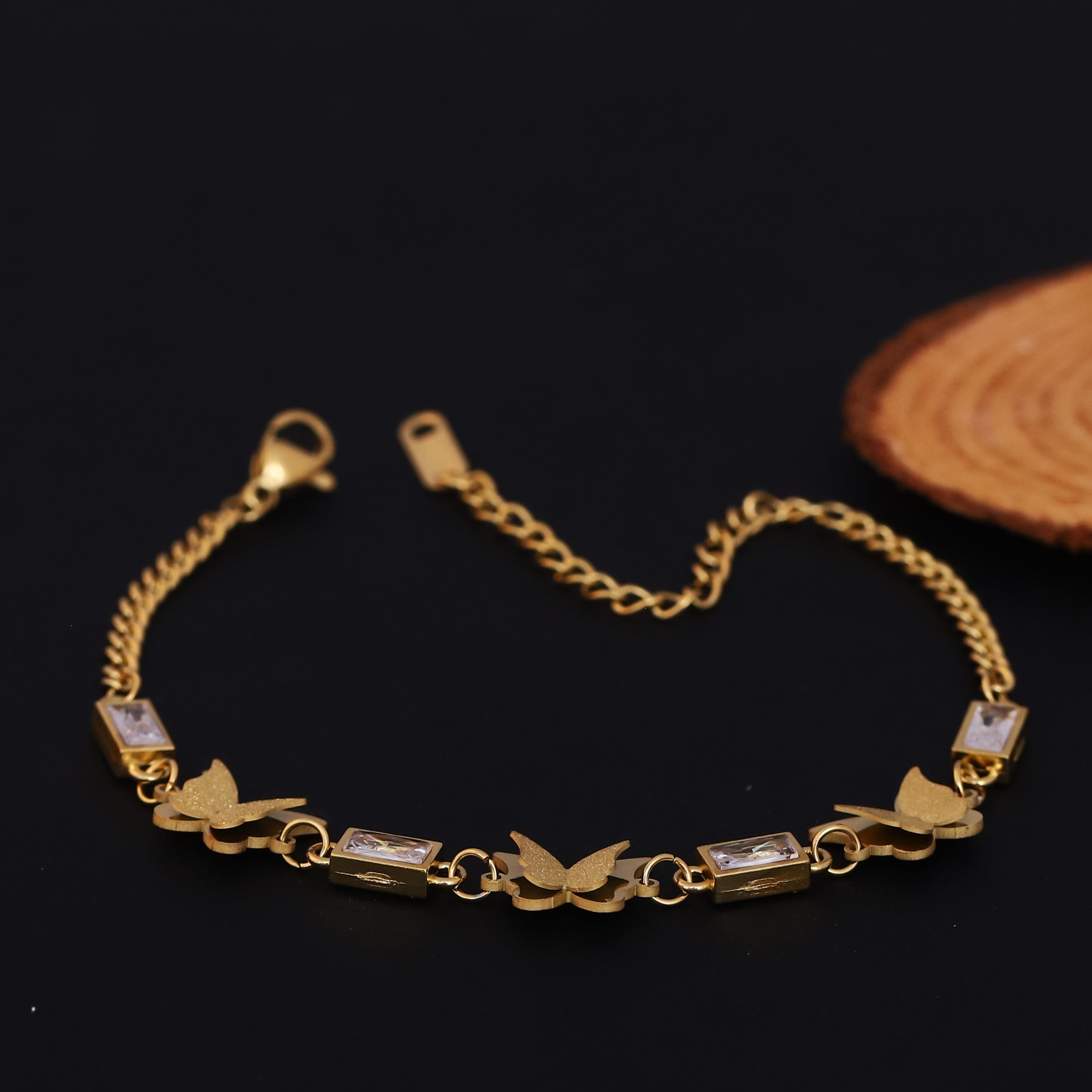 Butterfly Charms White Stones Chain Bracelet Gold Plated – Single Layer, Anti-Tarnish, Waterproof (GOLD)
