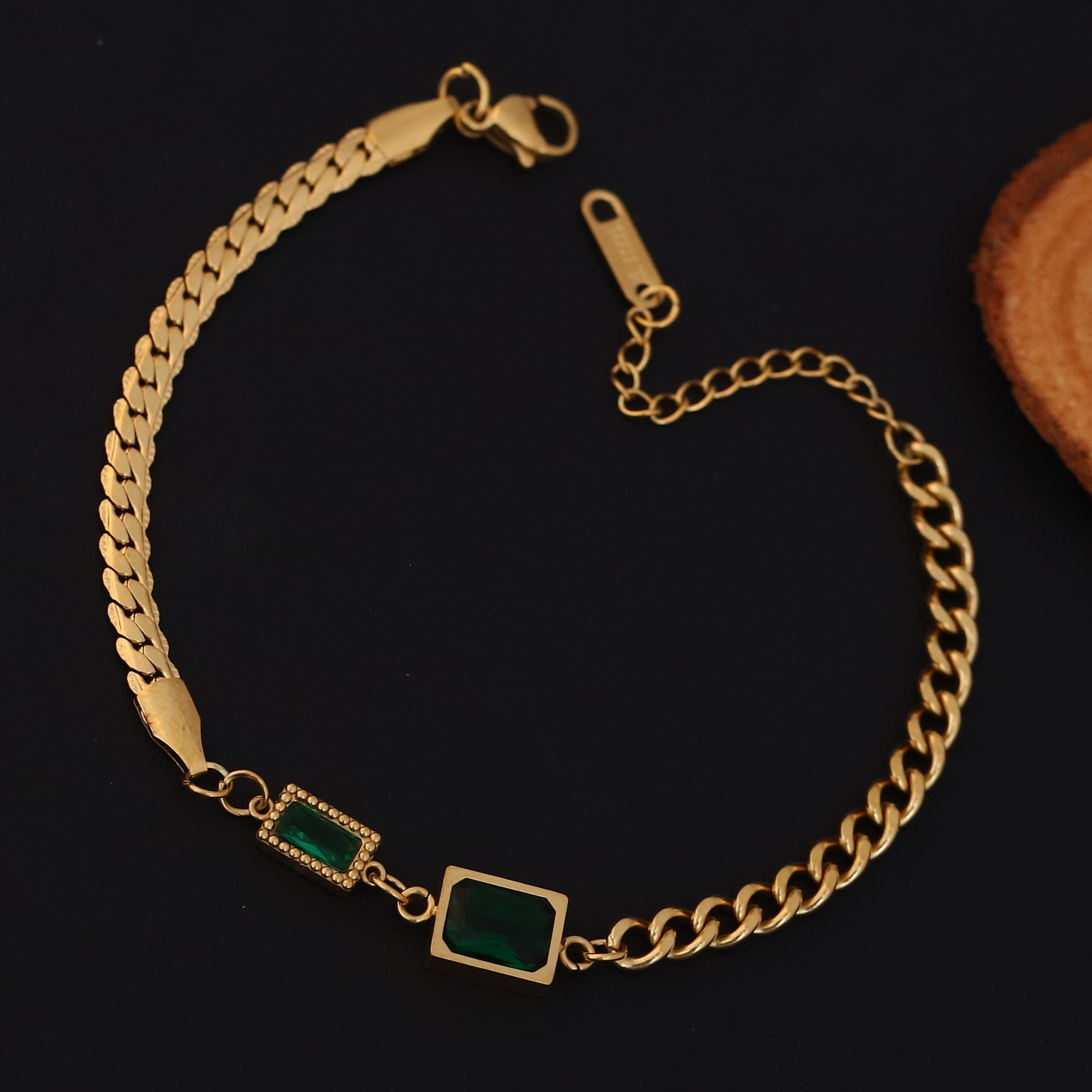 Charms Green Stones Chain Bracelet Gold Plated – Single Layer, Anti-Tarnish, Waterproof (GOLD)