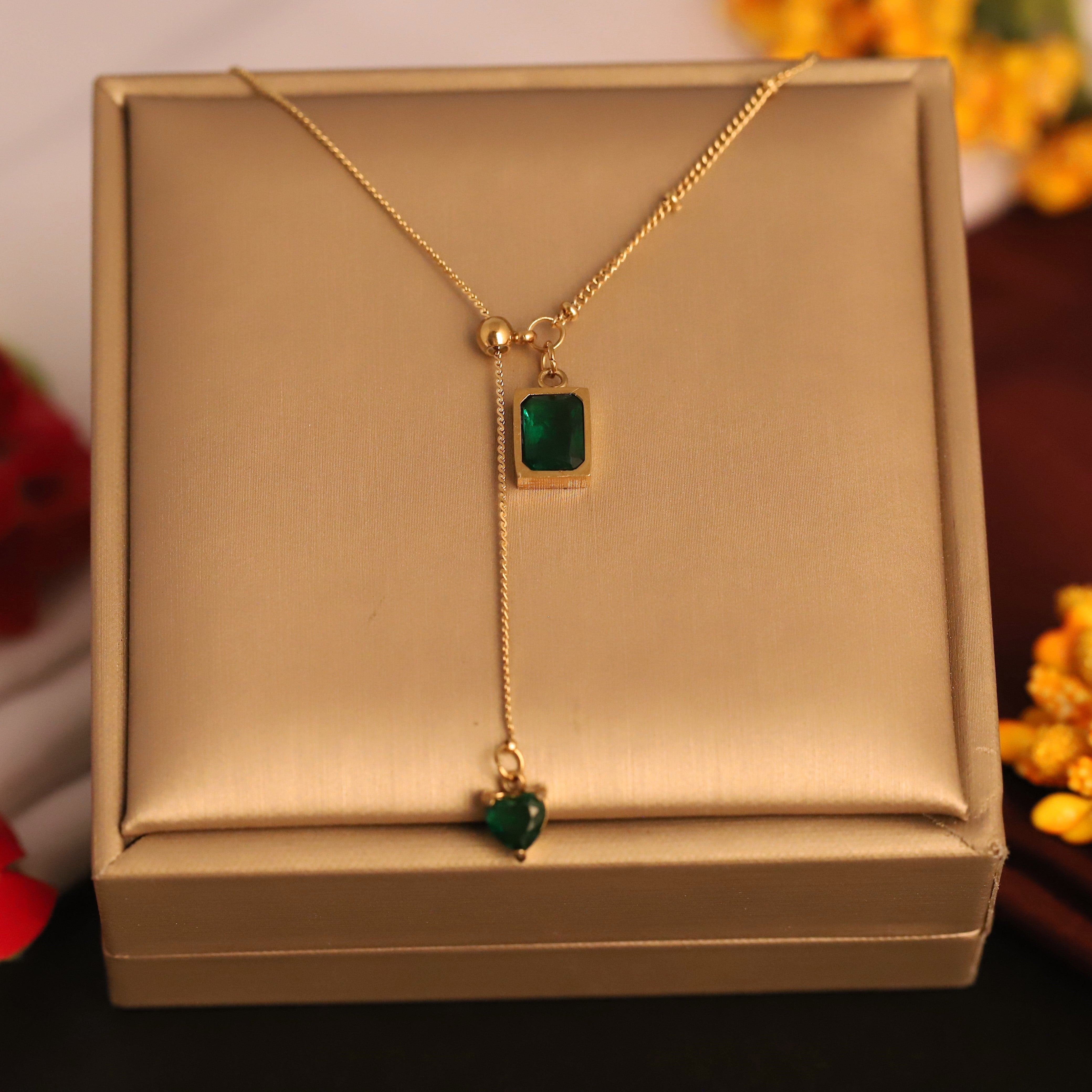 Green Stone Charm Gold Plated – Single Layer, Anti-Tarnish, Waterproof, Minimalist Style (GOLD)