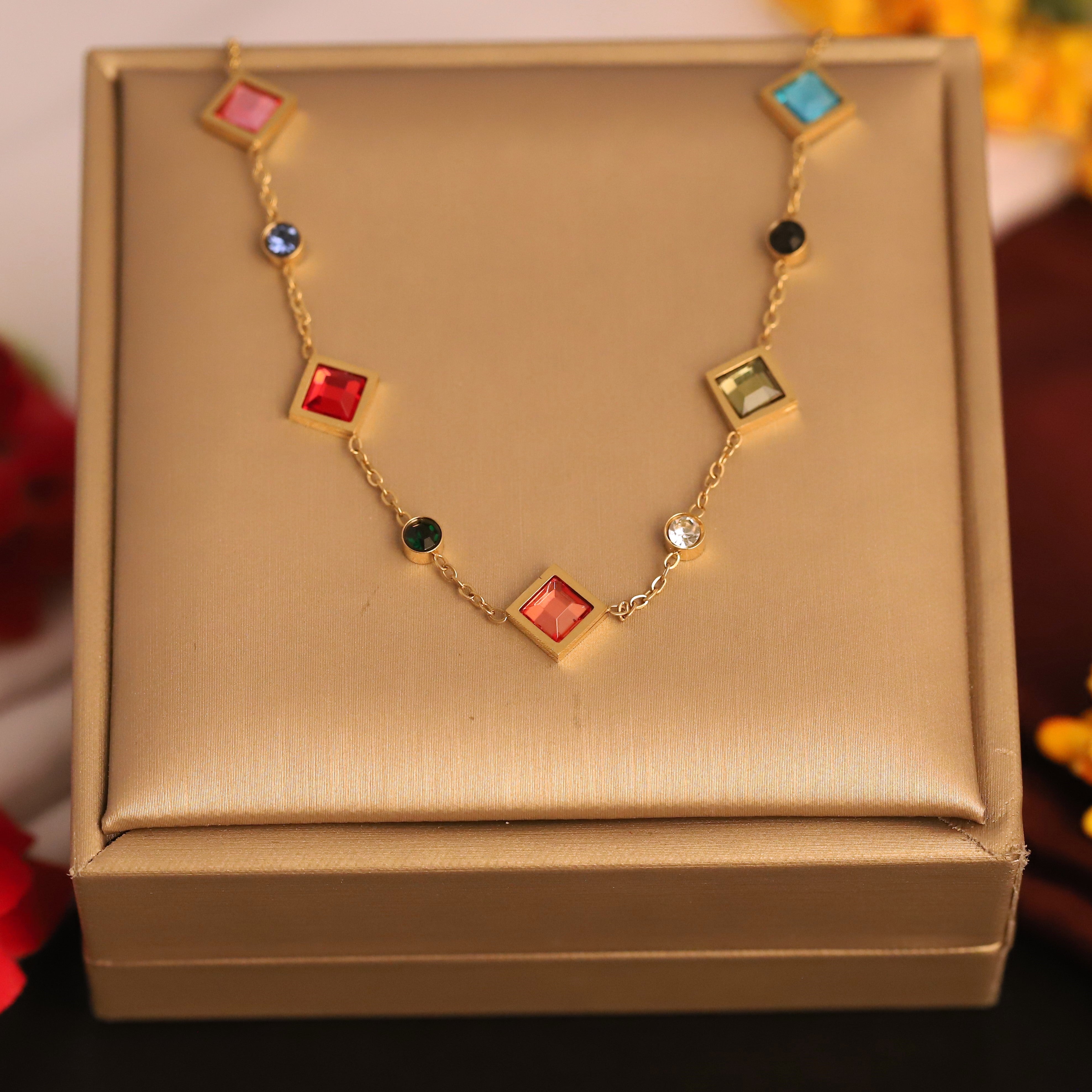 Zircon Multi Color Stones Chain Gold Plated – Single Layer, Anti-Tarnish, Waterproof, Minimalist Style (GOLD)