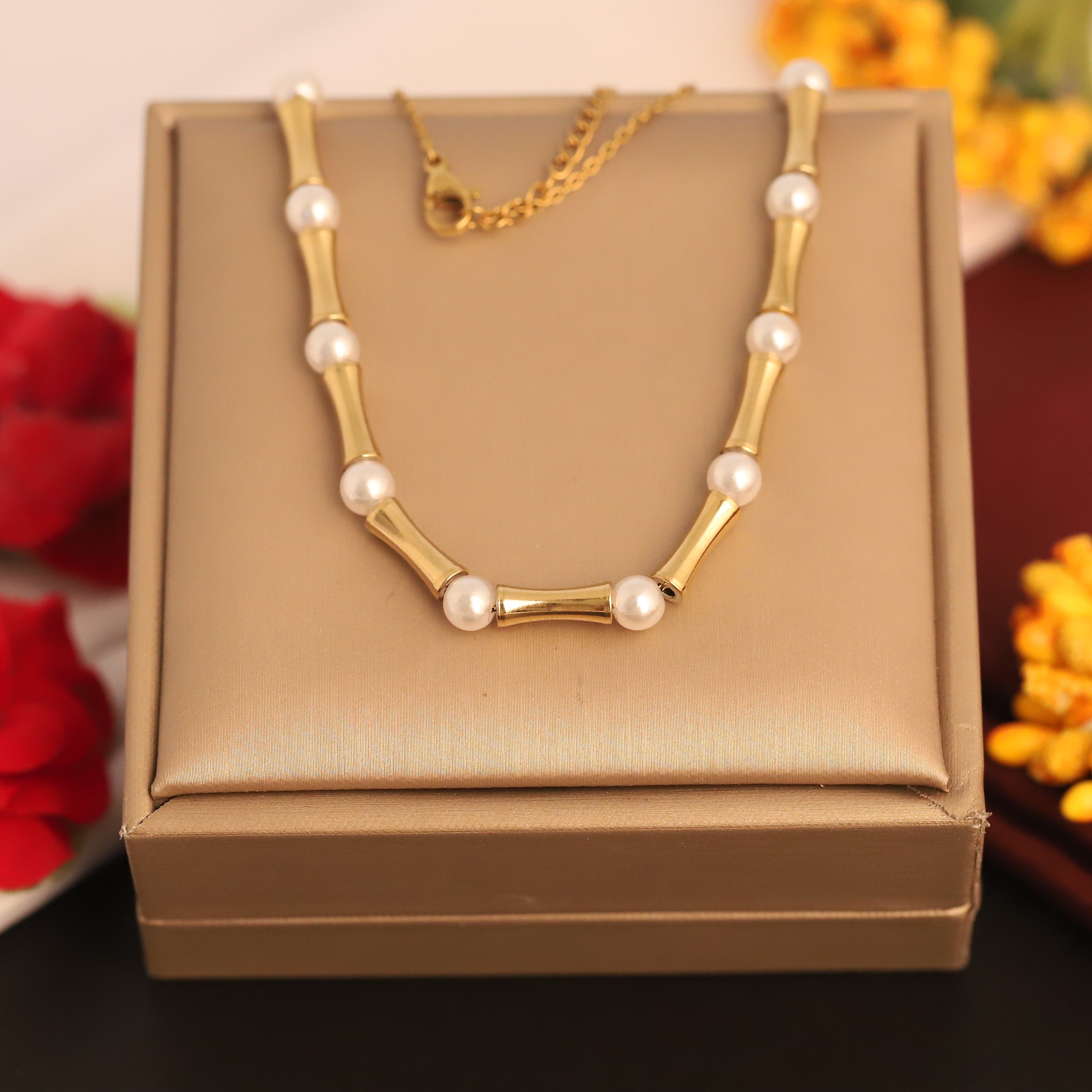 Trendy Charm Pearl Chain Gold Plated – Single Layer, Anti-Tarnish, Waterproof, Minimalist Style (GOLD)