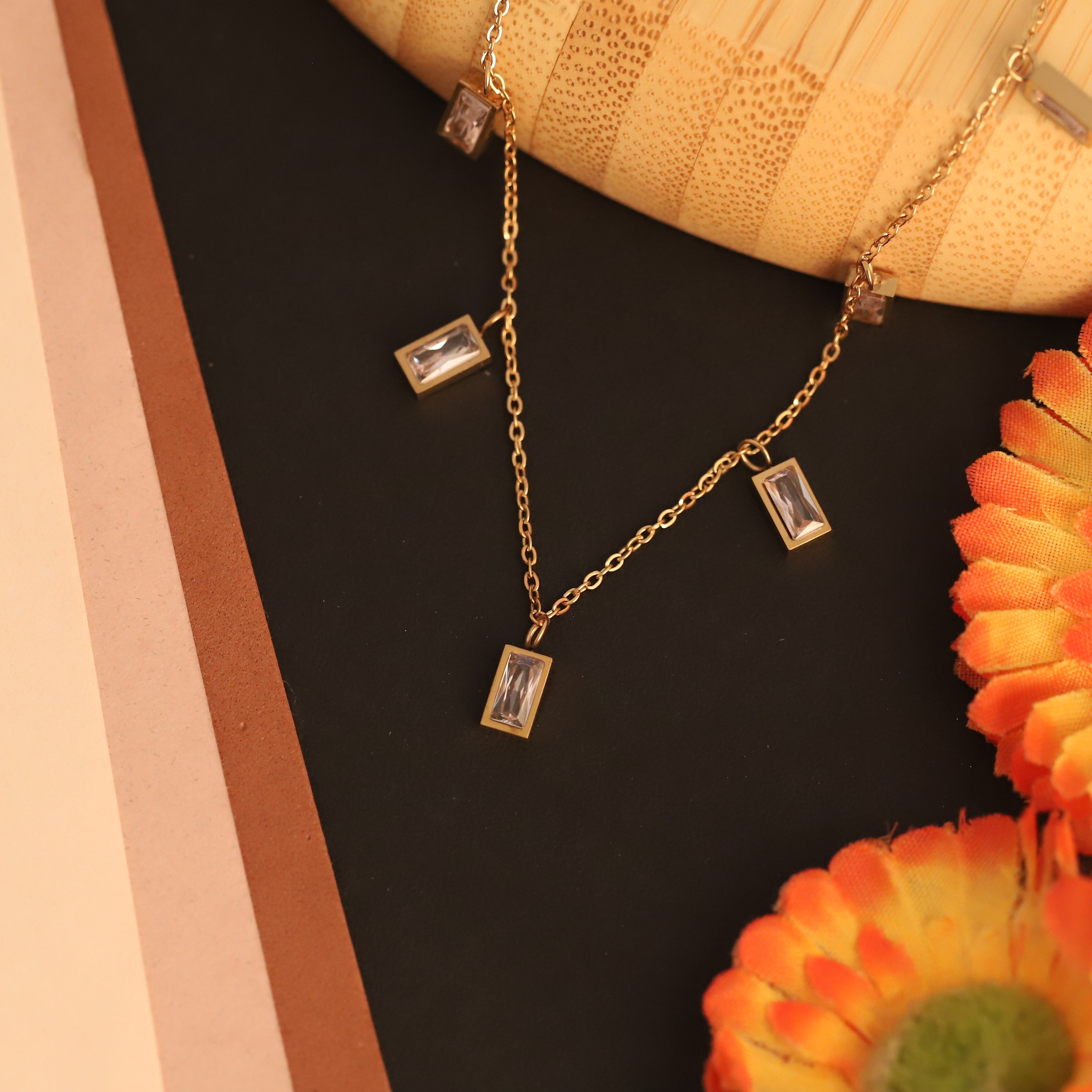 Block White Stone Charms Chain Gold Plated – Single Layer, Anti-Tarnish, Waterproof, Minimalist Style (GOLD)