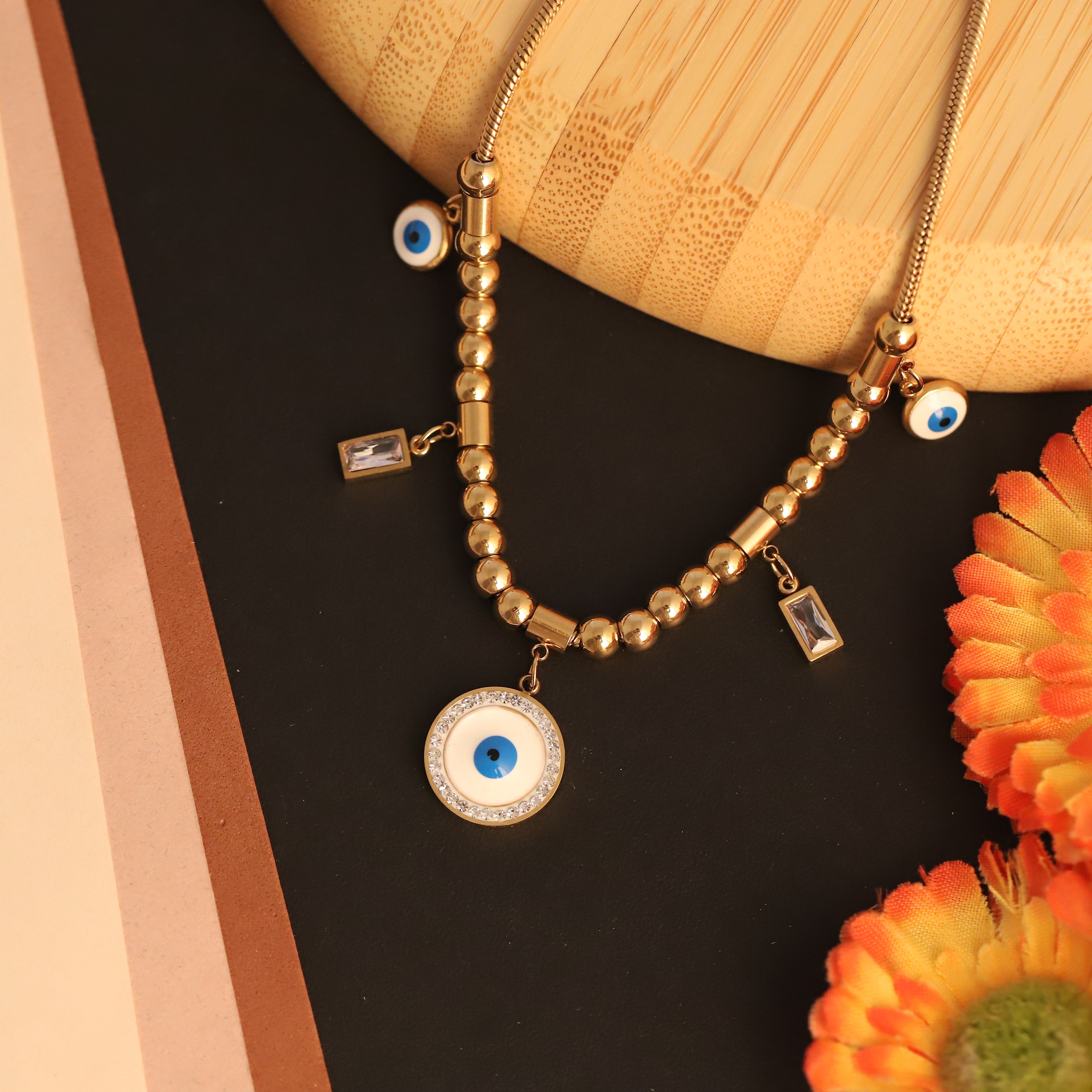 Evil Eye Charm Multi Color Chain Gold Plated – Single Layer, Anti-Tarnish, Waterproof, Minimalist Style (GOLD)