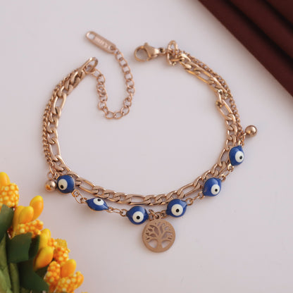 Life Tree & Evil Eye Chain Bracelet Gold Plated – Double Layer, Anti-Tarnish, Waterproof(ROSE GOLD)