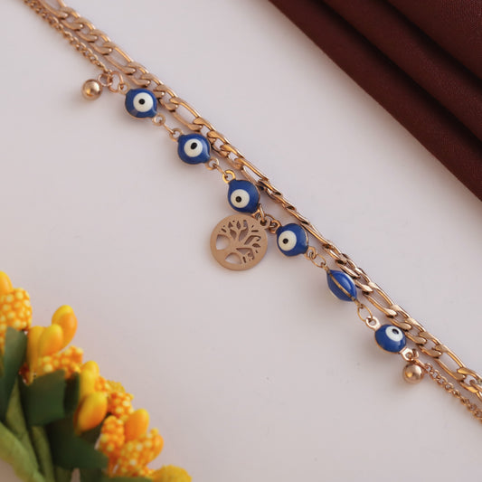 Life Tree & Evil Eye Chain Bracelet Gold Plated – Double Layer, Anti-Tarnish, Waterproof(ROSE GOLD)