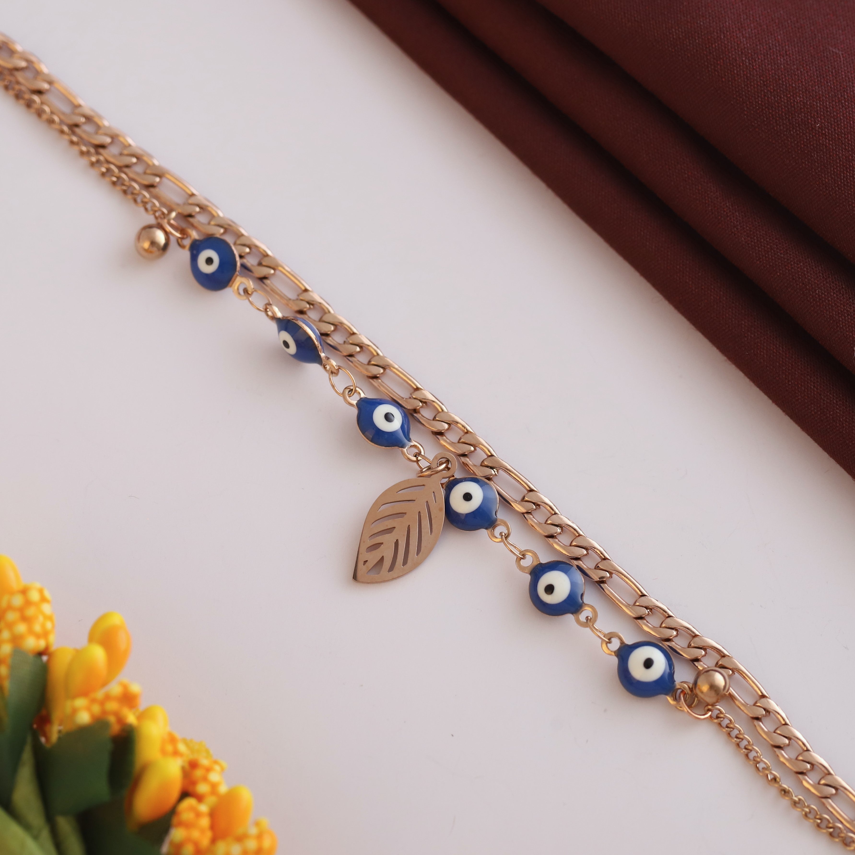 Leaf & Evil Eye Chain Bracelet Gold Plated – Double Layer, Anti-Tarnish, Waterproof(ROSE GOLD)