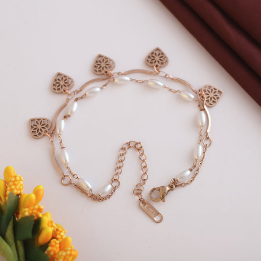 Heart Charm & Pearl Chain Bracelet Gold Plated – Double Layer, Anti-Tarnish, Waterproof, Minimalist Style (ROSE GOLD)