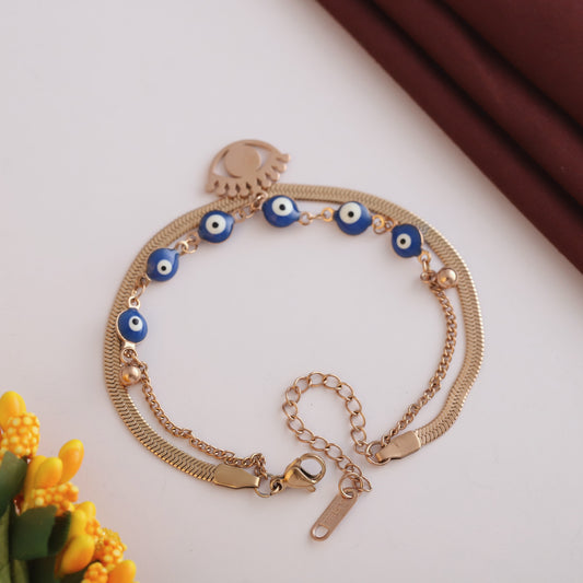 Evil Eye Charm Chain Bracelet Gold Plated – Double Layer, Anti-Tarnish, Waterproof(ROSE GOLD)