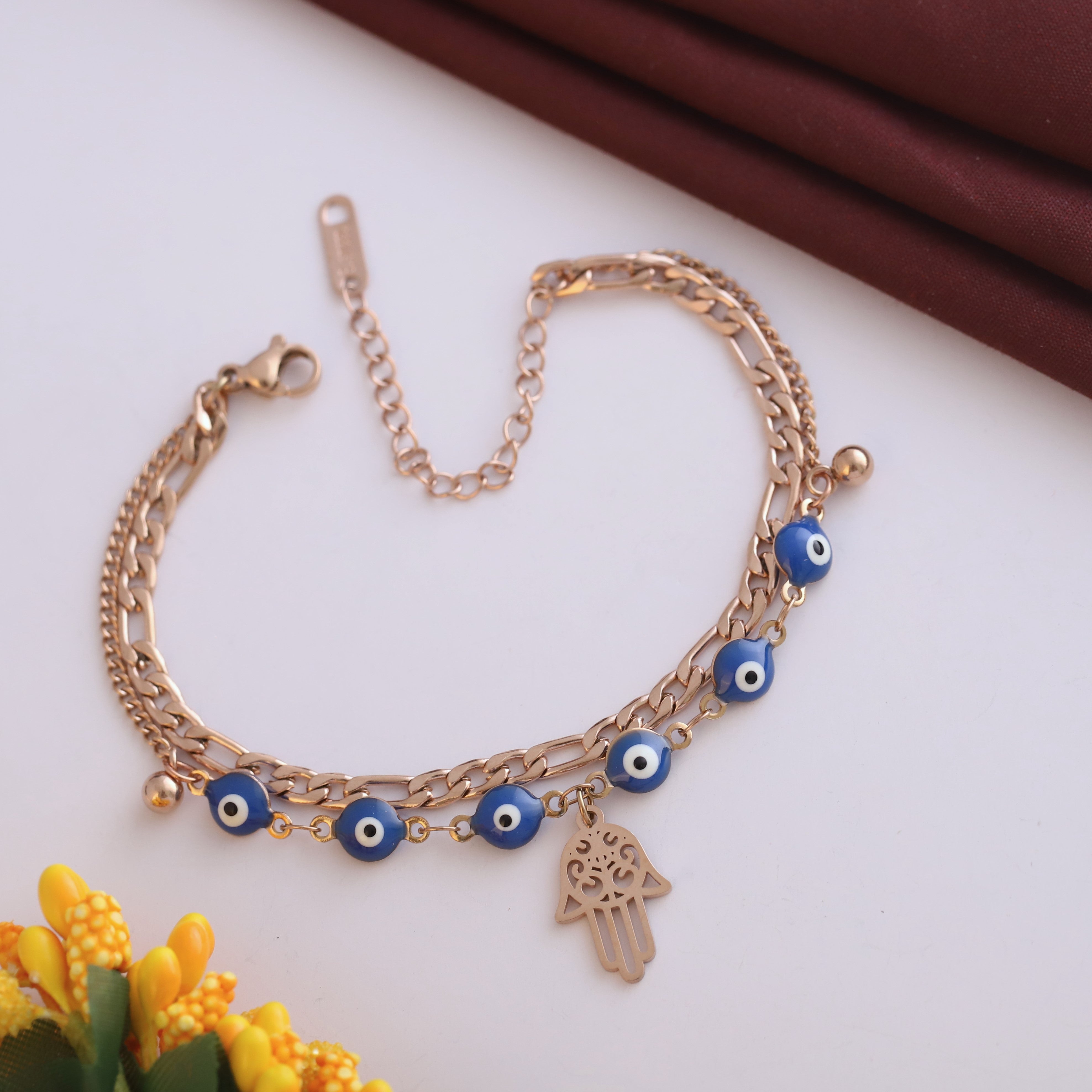 Hamza Charm Chain Bracelet Gold Plated – Double Layer, Anti-Tarnish, Waterproof(ROSE GOLD)
