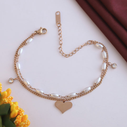 Heart Charm & Pearl Chain Bracelet Gold Plated – Double Layer, Anti-Tarnish, Waterproof, Minimalist Style (ROSE GOLD)