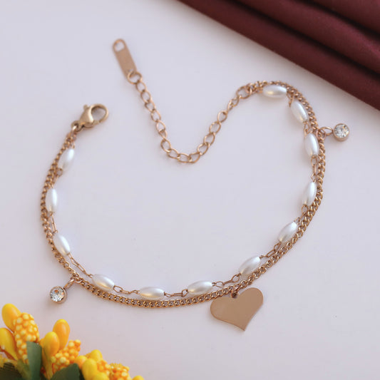 Butterfly Charm & Pearl Chain Bracelet Gold Plated – Double Layer, Anti-Tarnish, Waterproof, Minimalist Style (ROSE GOLD)