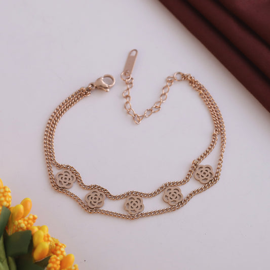 Rose Charms Chain Bracelet Gold Plated – Double Layer, Anti-Tarnish, Waterproof (ROSE GOLD)