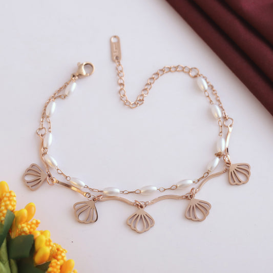 Shell Charms & Pearl Chain Bracelet Gold Plated – Double Layer, Anti-Tarnish, Waterproof, Minimalist Style (ROSE GOLD)