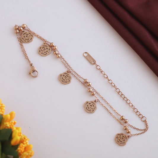 Rose Charms & Pearl Chain Bracelet Gold Plated – Double Layer, Anti-Tarnish, Waterproof, Minimalist Style (ROSE GOLD)