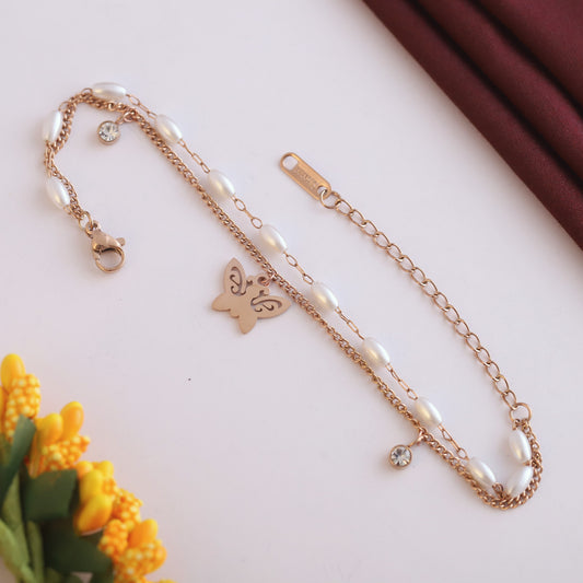 Butterfly Charm & Pearl Chain Bracelet Gold Plated – Double Layer, Anti-Tarnish, Waterproof, Minimalist Style (ROSE GOLD)