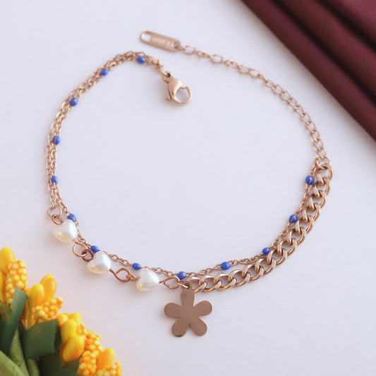 Flower Charm Chain Bracelet Gold Plated – Double Layer, Anti-Tarnish, Waterproof(ROSE GOLD)