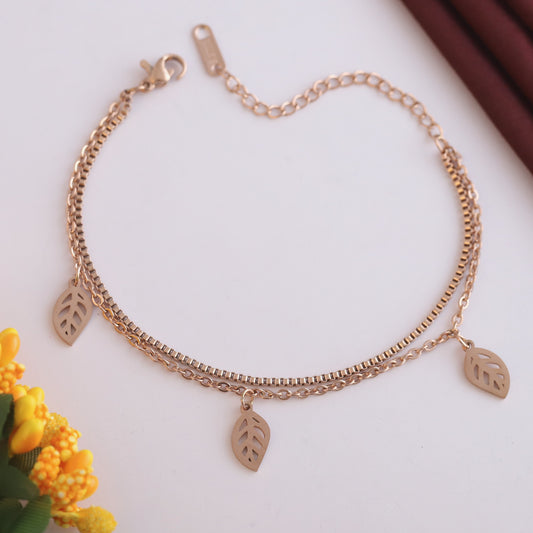 Leaf Charm Chain Bracelet Gold Plated – Double Layer, Anti-Tarnish, Waterproof, Minimalist Style (ROSE GOLD)