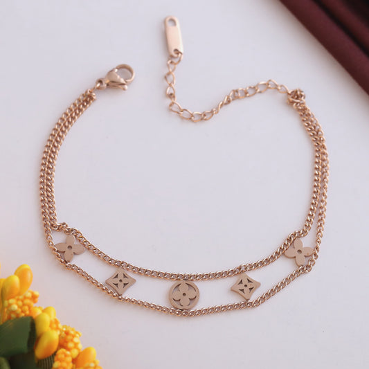 Flower Charms Chain Bracelet Gold Plated – Double Layer, Anti-Tarnish, Waterproof (ROSE GOLD)