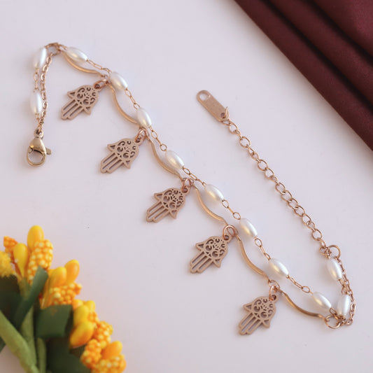 Hamza Charms & Pearl Chain Bracelet Gold Plated – Double Layer, Anti-Tarnish, Waterproof, Minimalist Style (ROSE GOLD)