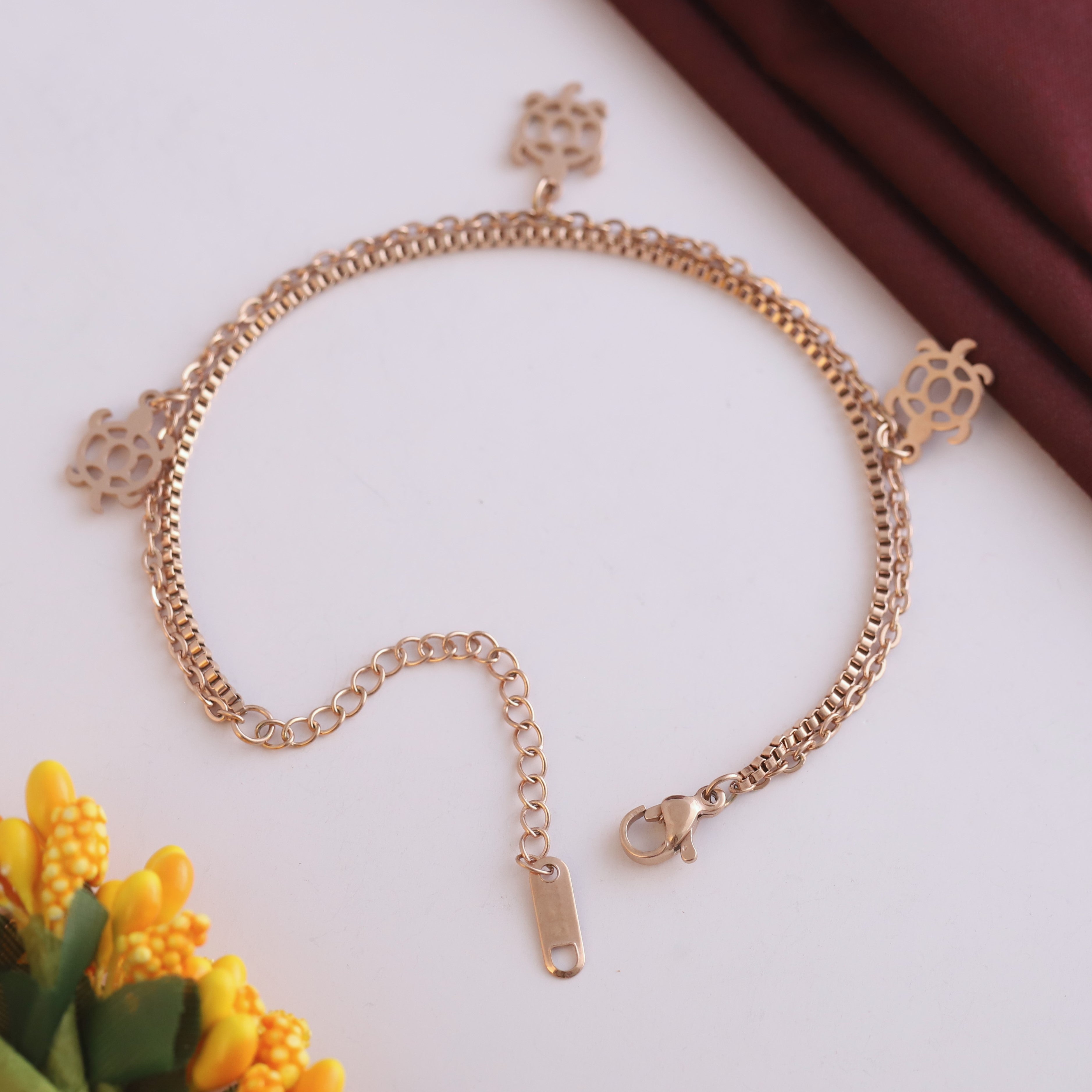 Turtle Charms Chain Bracelet Gold Plated – Double Layer, Anti-Tarnish, Waterproof, Minimalist Style (ROSE GOLD)