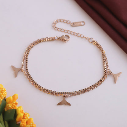 Fish Wings Charm & Pearl Chain Bracelet Gold Plated – Double Layer, Anti-Tarnish, Waterproof, Minimalist Style (ROSE GOLD)