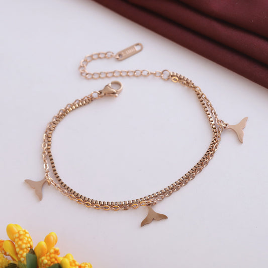 Fish Wings Charm & Pearl Chain Bracelet Gold Plated – Double Layer, Anti-Tarnish, Waterproof, Minimalist Style (ROSE GOLD)