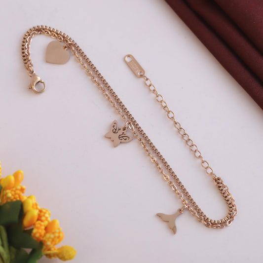 Butterfly & Heart Charms & Pearl Chain Bracelet Gold Plated – Double Layer, Anti-Tarnish, Waterproof, Minimalist Style (ROSE GOLD)