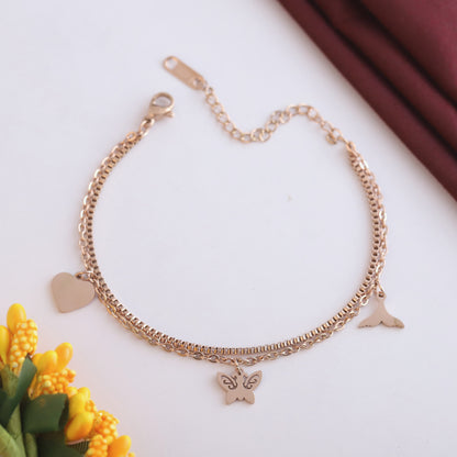 Butterfly & Heart Charms & Pearl Chain Bracelet Gold Plated – Double Layer, Anti-Tarnish, Waterproof, Minimalist Style (ROSE GOLD)