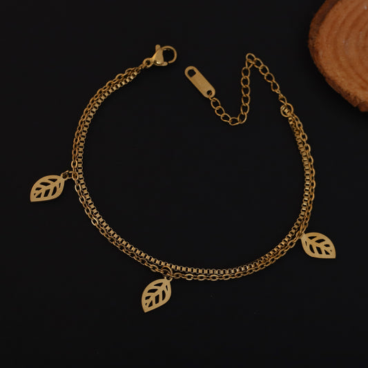 Leaf Charm Chain Bracelet Gold Plated – Double Layer, Anti-Tarnish, Waterproof, Minimalist Style (GOLD)