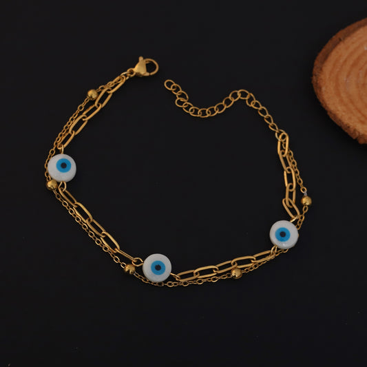 Evil Eye Charms Chain Bracelet Gold Plated – Double Layer, Anti-Tarnish, Waterproof, Minimalist Style (GOLD)