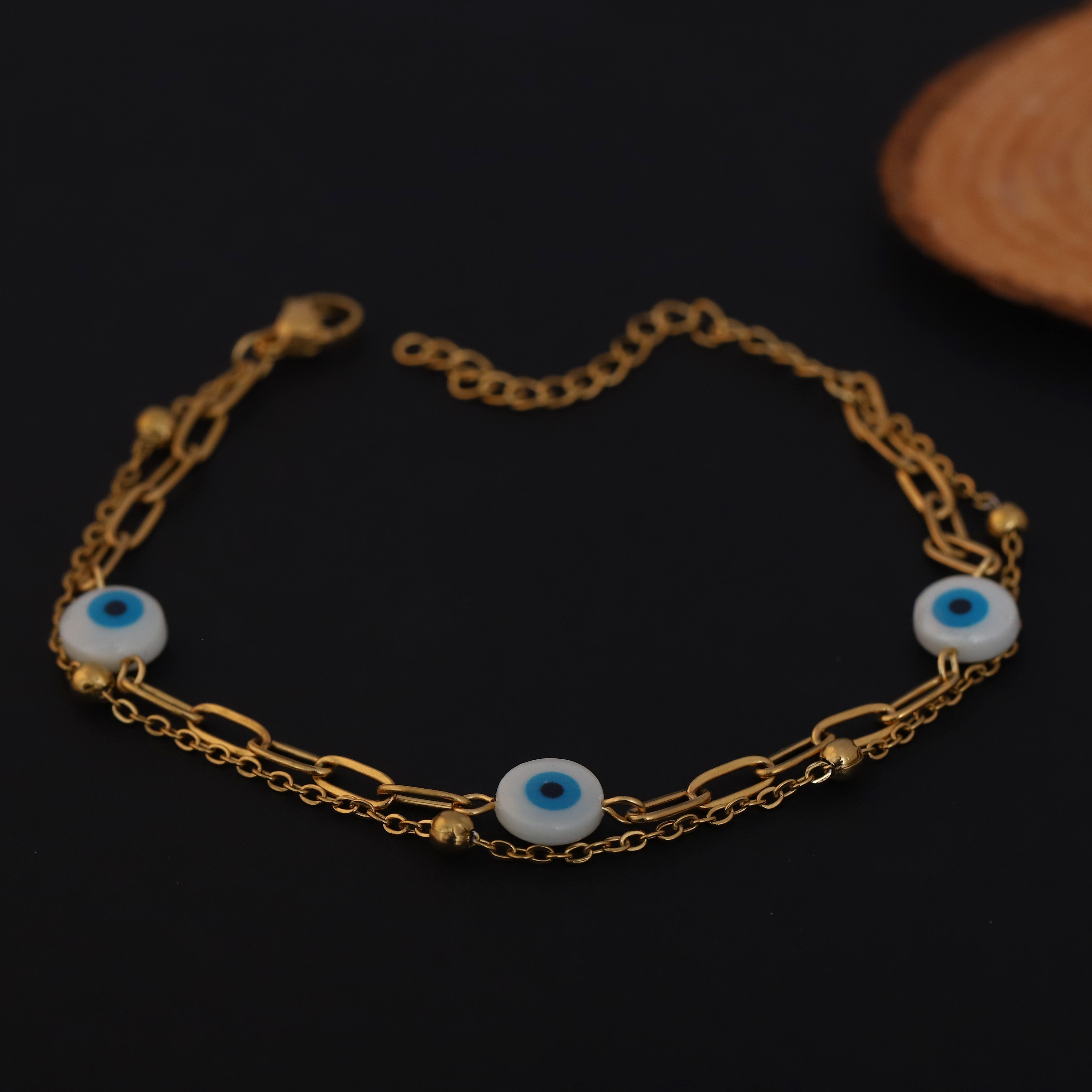 Evil Eye Charms Chain Bracelet Gold Plated – Double Layer, Anti-Tarnish, Waterproof, Minimalist Style (GOLD)