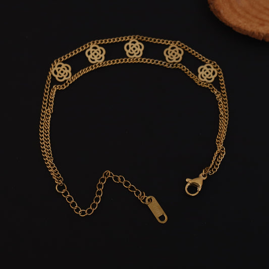 Rose Charms Chain Bracelet Gold Plated – Double Layer, Anti-Tarnish, Waterproof (GOLD)