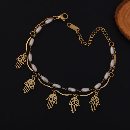 Hamza Charms & Pearl Chain Bracelet Gold Plated – Double Layer, Anti-Tarnish, Waterproof, Minimalist Style (GOLD)