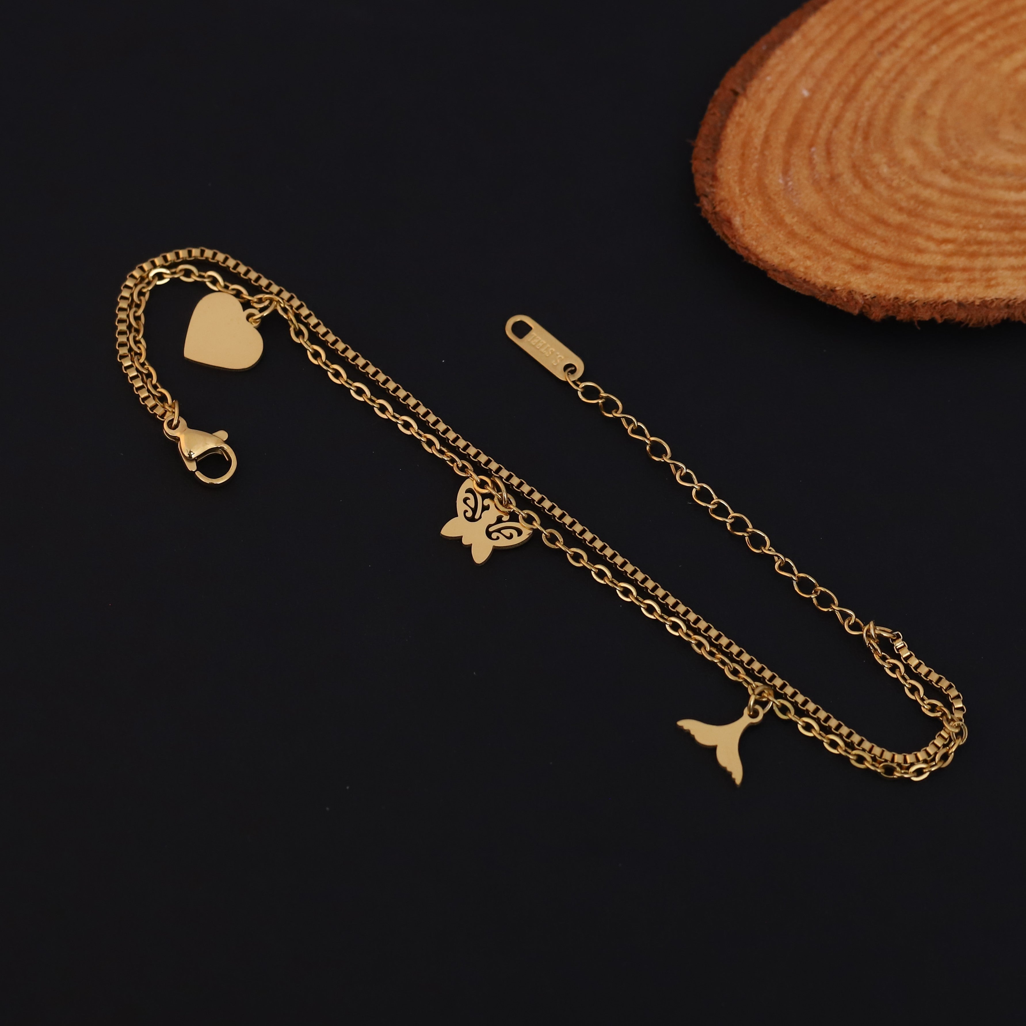 Butterfly & Heart Charms & Pearl Chain Bracelet Gold Plated – Double Layer, Anti-Tarnish, Waterproof, Minimalist Style (GOLD)