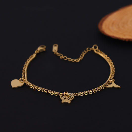Butterfly & Heart Charms & Pearl Chain Bracelet Gold Plated – Double Layer, Anti-Tarnish, Waterproof, Minimalist Style (GOLD)
