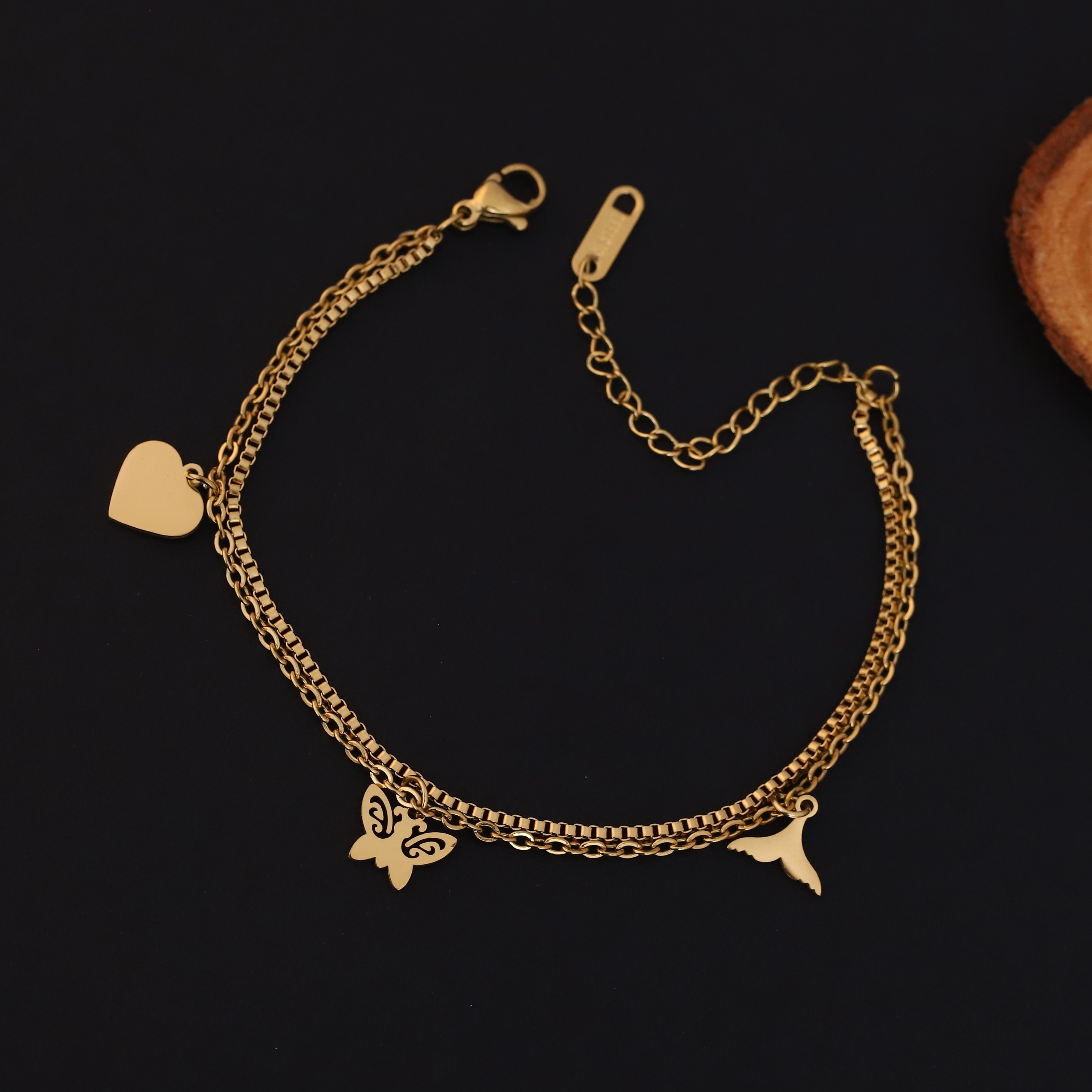 Butterfly & Heart Charms & Pearl Chain Bracelet Gold Plated – Double Layer, Anti-Tarnish, Waterproof, Minimalist Style (GOLD)