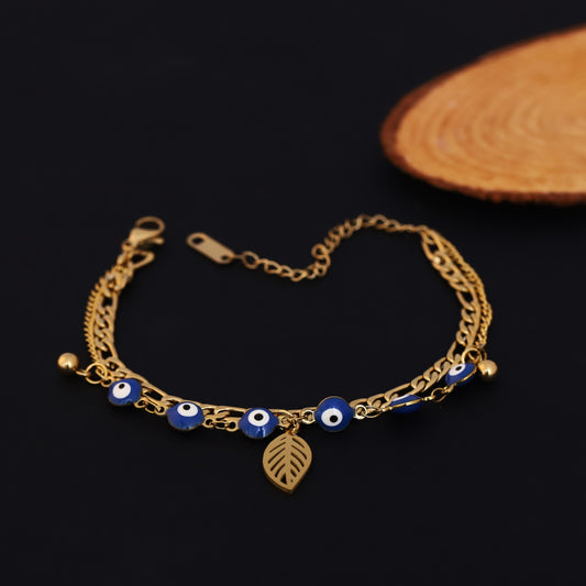 Leaf & Evil Eye Chain Bracelet Gold Plated – Double Layer, Anti-Tarnish, Waterproof(GOLD)