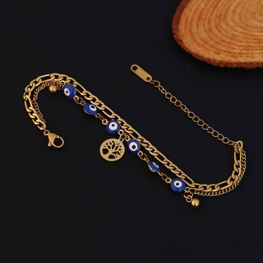 Life Tree & Evil Eye Chain Bracelet Gold Plated – Double Layer, Anti-Tarnish, Waterproof(GOLD)