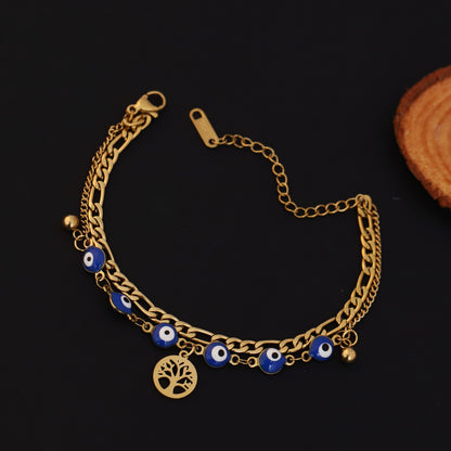 Life Tree & Evil Eye Chain Bracelet Gold Plated – Double Layer, Anti-Tarnish, Waterproof(GOLD)
