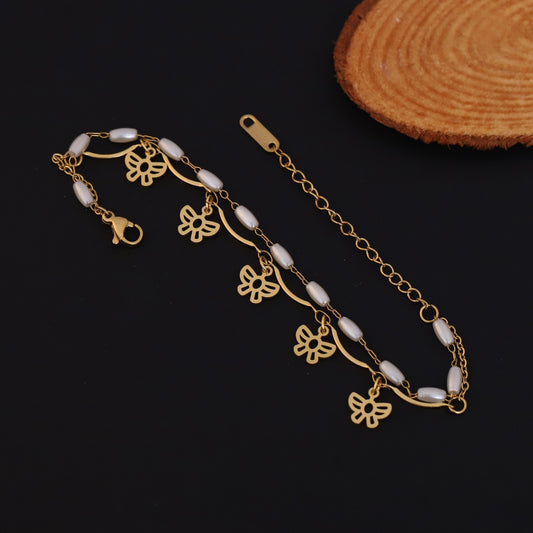 Butterfly Charm & Pearl Chain Bracelet Gold Plated – Double Layer, Anti-Tarnish, Waterproof, Minimalist Style (GOLD)