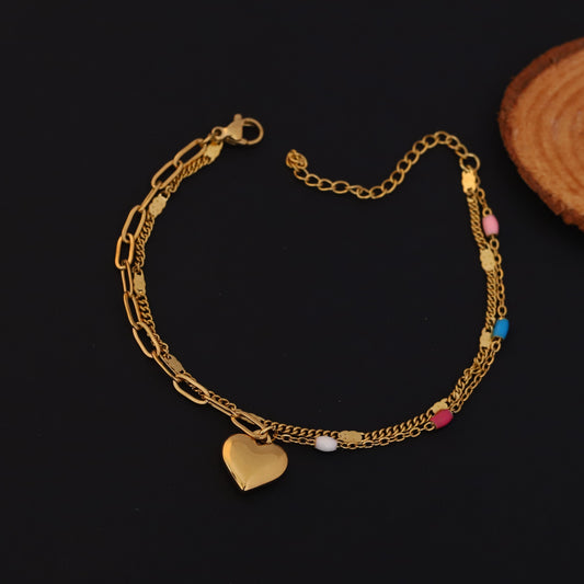 Heart Charm Chain Bracelet Gold Plated – Double Layer, Anti-Tarnish, Waterproof(GOLD)