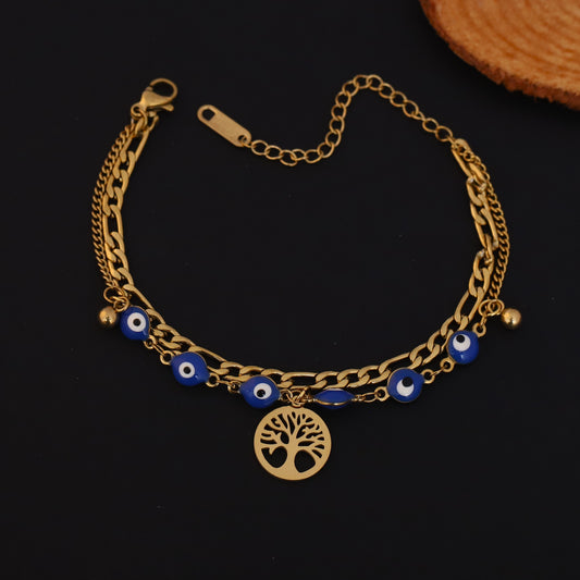 Life Tree & Evil Eye Chain Bracelet Gold Plated – Double Layer, Anti-Tarnish, Waterproof(GOLD)
