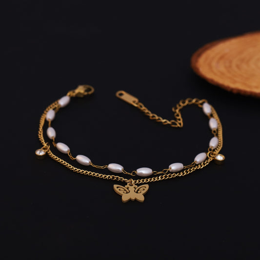 Butterfly Charm & Pearl Chain Bracelet Gold Plated – Double Layer, Anti-Tarnish, Waterproof, Minimalist Style (GOLD)