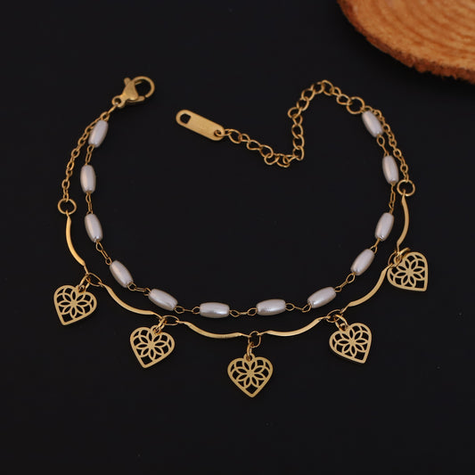 Heart Charm & Pearl Chain Bracelet Gold Plated – Double Layer, Anti-Tarnish, Waterproof, Minimalist Style (GOLD)