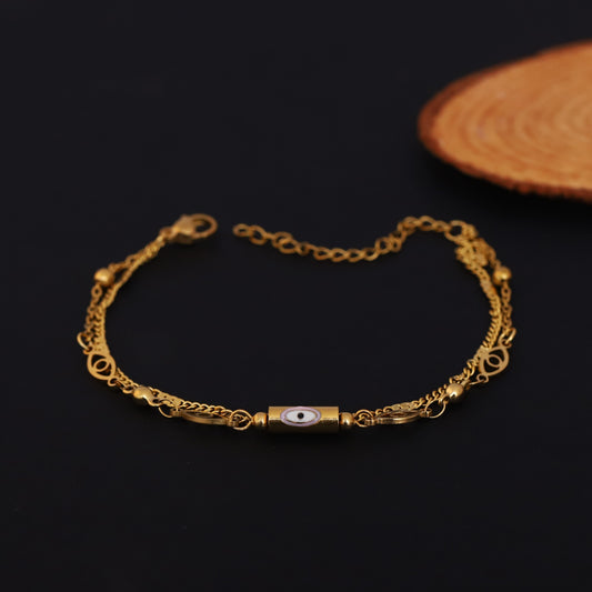 Evil Eye Charm & Pearl Chain Bracelet Gold Plated – Double Layer, Anti-Tarnish, Waterproof, Minimalist Style (GOLD)