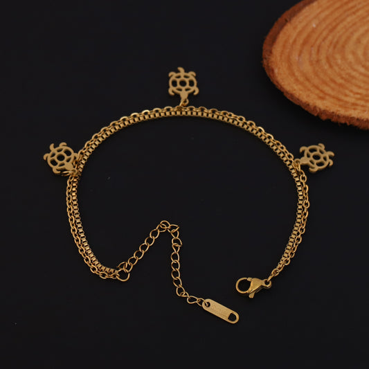 Turtle Charms Chain Bracelet Gold Plated – Double Layer, Anti-Tarnish, Waterproof, Minimalist Style (GOLD)