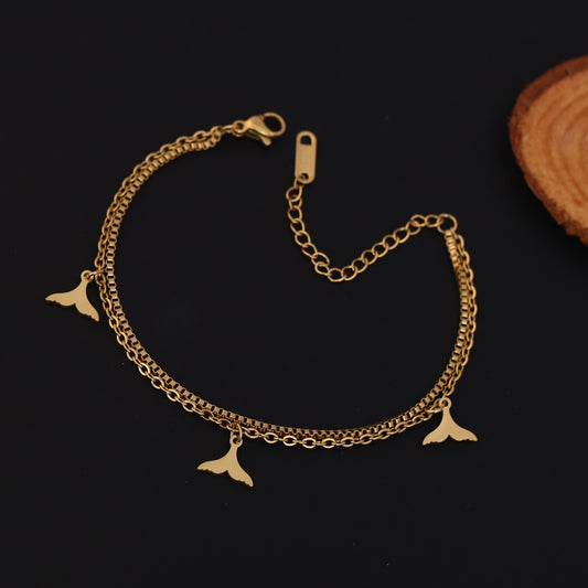 Fish Wings Charm & Pearl Chain Bracelet Gold Plated – Double Layer, Anti-Tarnish, Waterproof, Minimalist Style (GOLD)