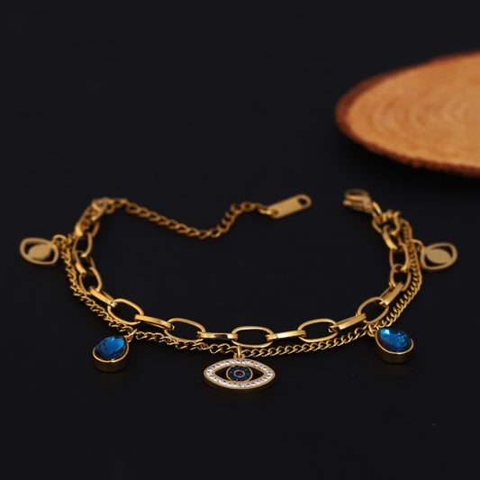 Evil Eye Chain Bracelet Gold Plated – Double Layer, Anti-Tarnish, Waterproof, Minimalist Style (GOLD)